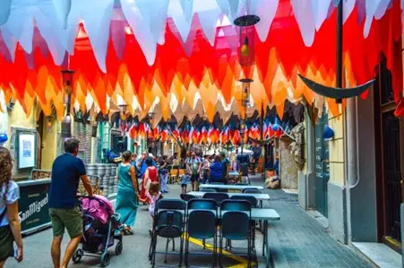 Decorated street at Gràcia Festival 2025 in Barcelona
