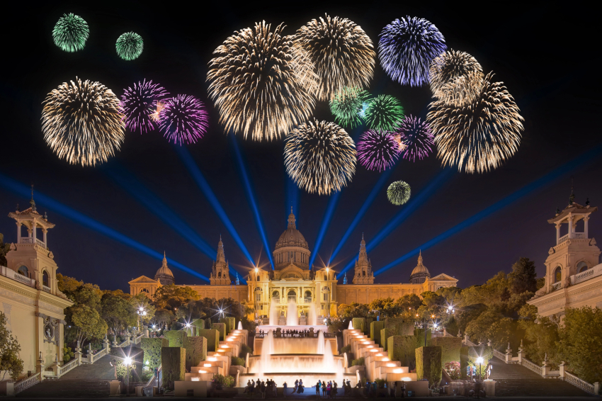 “Fireworks at the Piromusical in Montjuïc during La Mercè Festival in Barcelona, a spectacular show of lights and Catalan culture.”
